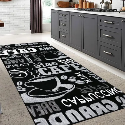 Produktbild von Küchenteppich Teppichläufer Coffee Design Modern Kaffee Muster in Schwarz ideal für die Lounge oder Küche, Maße:80x150 cm