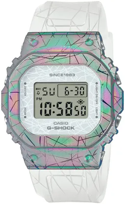 A close-up studio shot of a digital watch with a unique iridescent geometric pattern on the bezel and strap.