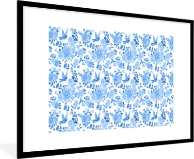 Produktbild von MuchoWow® Gerahmtes Poster Blumen - Muster - Blau 90x60 cm - Poster mit Schwarzem Bilderrahmen Wandposter Rahmen Foto Bilder - Wanddekoration - Fotos