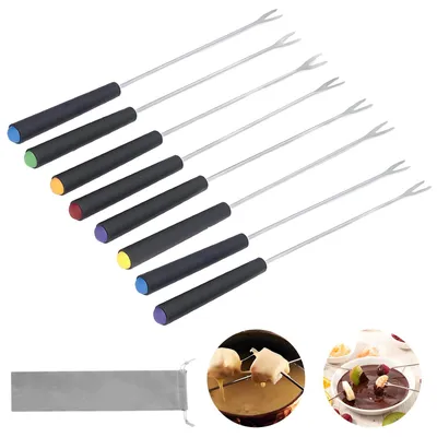 Produktbild von Fonduegabeln - 8 Stück Edelstahl mit farbkodiertem Griff - für Käse Schokolade und Marshmallows - 23,9 cm