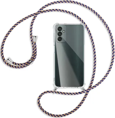 Produktbild von Handykette Backcover-Schutzhülle mit Band (Metall silberfarben) für Samsung Galaxy M13 4G (SM-M135) - blau+beige