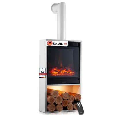 Produktbild von KAMINIO Elektrokamin HUGO mit Ofenrohr - Elektrischer Kaminofen mit Heizung, 3D-Flammeneffekt, LED-Ambientelicht, Holzfach, Fernbedienung - Weiß, KI-generiertes Bild