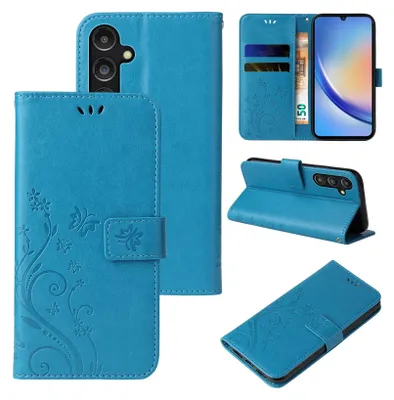 A collage of images showing a blue floral and butterfly patterned flip phone case from different angles.
