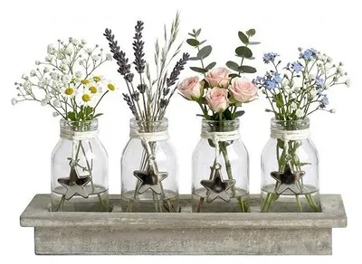 Produktbild von Holzgestell für 4 Töpfe, 26,5 x 9 x 3,5/11 cm, inklusive 5 x 10 cm Glasgefäße