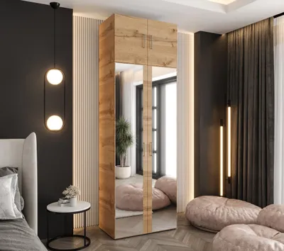 Produktbild von Drehtürenschrank 242x80x48 cm Eiche Wotan mit 2 Spiegeln und Aufsatz – Moderner Kleiderschrank mit viel Stauraum für Schlafzimmer und Flur