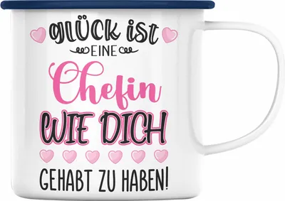 Produktbild von Trendation - Chefin Abschiedsgeschenk Abschied Chefinnen Emaille Tasse mit Spruch Grossartige Chefin Geschenkidee (Blau)