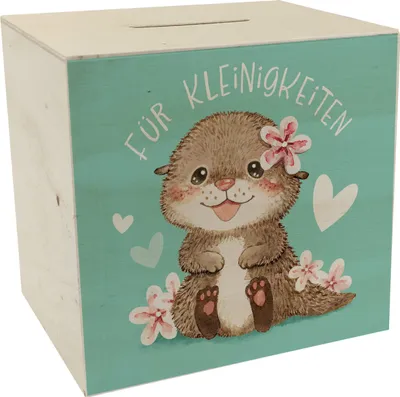 Produktbild von Baby Otter Spardose aus Holz mit Spruch Für Kleinigkeiten