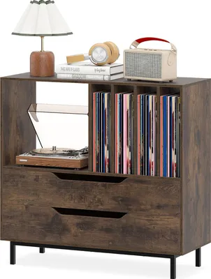 Image de COSTWAY Support pour tourne-disques, Table pour tourne-disques avec casier, 4 compartiments pour vinyles & 2 tiroirs, armoire à vinyles avec rangement pour vinyles, marron