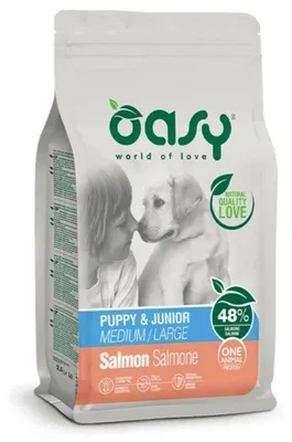 Imagen del producto de OASY One, alimento seco para cachorros y perros jóvenes de tamaño mediano a grande, sabor a salmón - 12 kg
