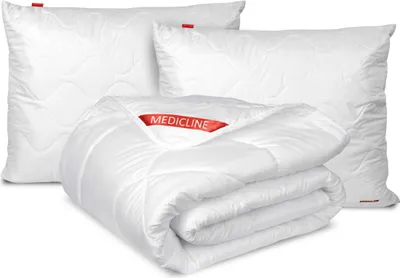 A set of white bedding, including a folded duvet and two pillows, is displayed against a white background.