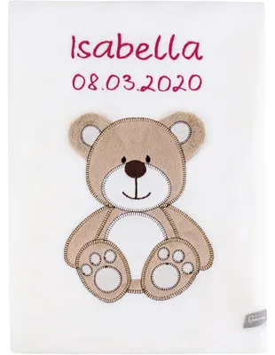 Produktbild von Be Mammy Babydecke mit 3D Applikation bestickt mit Name und Geburtsdatum 76 x 102 cm BE20-280 (Weiß - Bär, 76 x 102 cm)
