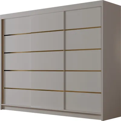 A modern, light gray wardrobe with gold accents and sliding doors, presented against a white background.