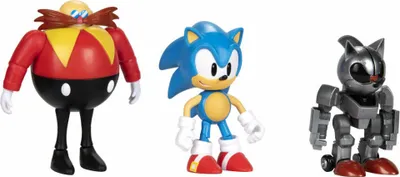 Three action figures from the Sonic the Hedgehog franchise are displayed against a white background.
