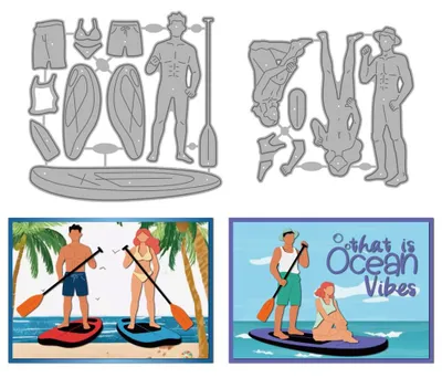 Productafbeelding van Metaalstansjablonen - Oceaanlandschap met palmbomen en een paddleboarder - Stansmal voor papierknutselen en scrapbooking