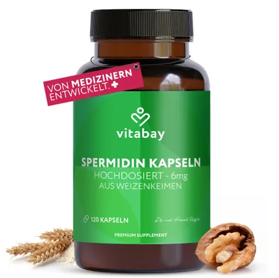 Produktbild von Vitabay Spermidin 6 mg – 120 vegane Kapseln – hochdosiert - aus fermentiertem Weizenkeimextrakt – ohne Zusatzstoffe – 4 Monate Vorrat