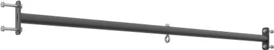 A dark gray metal bar with mounting brackets and a hanging ring, isolated on a white background.