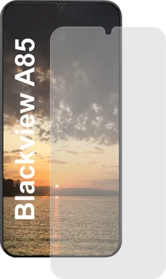 A smartphone screen protector is shown on top of a smartphone displaying a sunset over water.