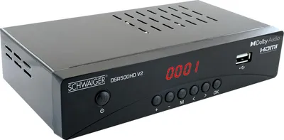 A black digital satellite receiver is shown from a three-quarter front angle against a white background.