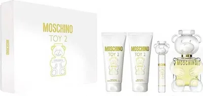 A gift set of Moschino Toy 2 perfume, including a perfume bottle, a rollerball perfume, and two lotions, displayed on a white background.