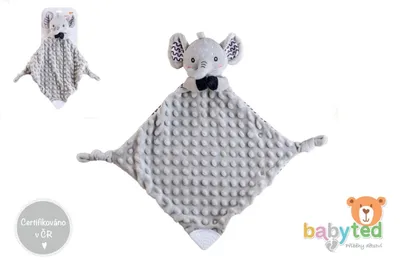 Zdjęcie produktu dla Słonik do zasypiania Babyted – gryzak, grzechotka, plusz 25 x 25 cm, na kartonie w woreczku, od 0 miesięcy