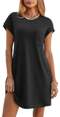 Produktbild von Imily Bela Damen Sommer-T-Shirt-Kleid – Lässiges Minikleid mit kurzen Ärmeln, Rundhalsausschnitt, lockerem, fließendem Schnitt und Taschen