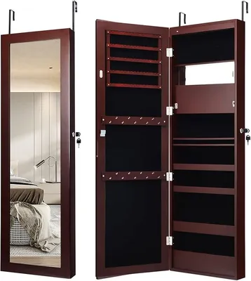 Produktbild von Schmuckschrank mit Spiegel, Spiegelschrank hängend mit LED-Beleuchtung, Wandschrank mit Innenspiegel & klappbarer Ablage, Wandmontage & Türmontage (Braun)