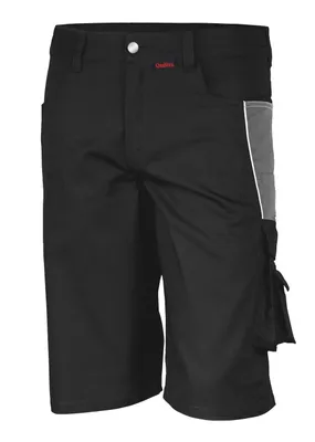 A pair of black work shorts with gray accents and pockets, shown against a white background.
