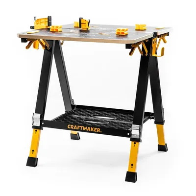 Produktbild von CRAFTMAKER S20 2-in-1 Arbeitstisch & Sägebock | Klappbar & Höhenverstellbar | Ideal als Baubock-Paar (bis 900kg/Paar) | Inkl. Zwinge & Bench Dogs