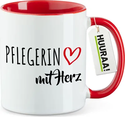 Produktbild von Huuraa Kaffeetasse Pflegerin mit Herz 330ml Rot Keramik Kaffeebecher Geschenkidee