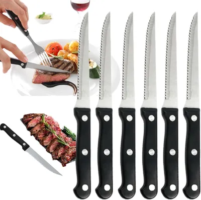Produktbild von Steakmesserset 6-teilig, Edelstahl, scharfe Wellenschliff, fuer Abendessen
