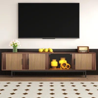 Produktbild von MODFU TV-Schrank,Sideboard,Lowboard,TV-Sideboard ,Fernsehbank mit geschnitzter Textur, mit LED-Lichtleiste und Glastür ,Braun