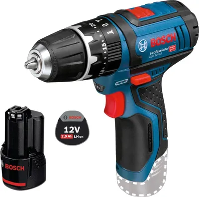 A Bosch cordless drill and its battery are shown against a white background.