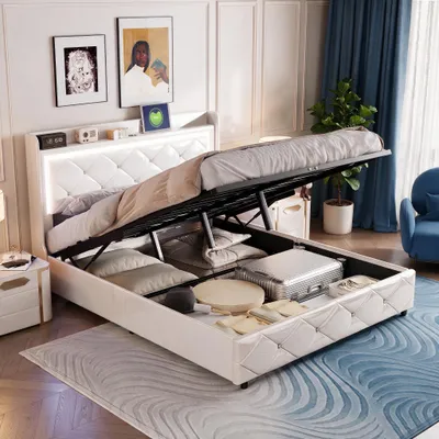 Produktbild von INONEFT Polsterbett Boxspringbett 140x200 cm mit LED und USB-Ladegerät, Stauraumbett Doppelbett Bettgestell mit Lattenrost und Stauraum, PU, Weiß
