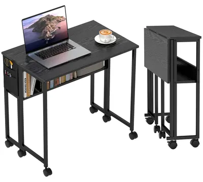 Produktbild von Klappbarer Schreibtisch - Computertisch - Mit Rollen - Ablage und Aufbewahrungstasche - Für kleine Räume - 80x50x75 cm - Metallgestell - Schwarz
