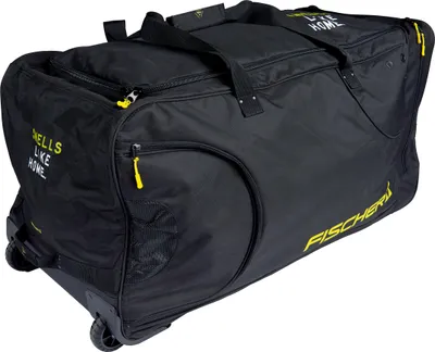 A black and yellow Fischer Junior S25 rolling bag.