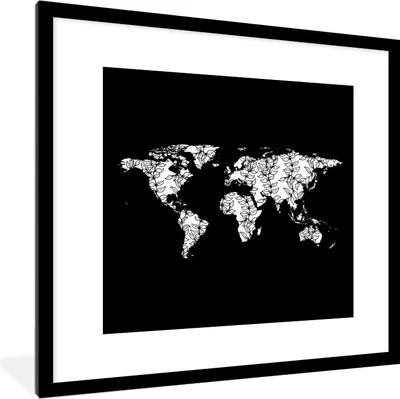 Produktbild von MuchoWow® MuchoWow® Gerahmtes Poster Weltkarte - Schwarz und weiß - Pflanzen 40x40 cm - Poster mit zchwarzem Bilderrahmen - Poster - Plakat im Rahmen