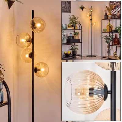 Produktbild von Cesaro Stehlampe aus Metall/Riffelglas, Schwarz/Bernstein/Klar, Retro-Design