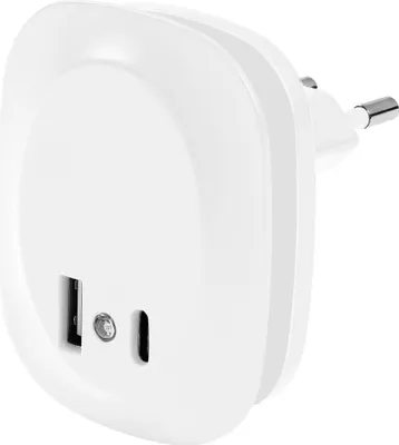 Obrázek produktu pro Noční světlo do zásuvky LEDVANCE LUNETTA EDGE, bílé, 0,35 W, 10 lm, teplé bílé světlo, senzor denního světla, připojení USB-A a USB-C, technologie LED, funkce nabíjení, dlouhá životnost, IP20, 3000K