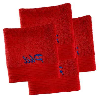 Produktbild von Gästehandtuch Set 4 Stück rot 30 x 50 cm personalisiert mit Namen, Motiv, Initialen oder Wunschtext bestickt, 100% Baumwolle, 450 g/m²
