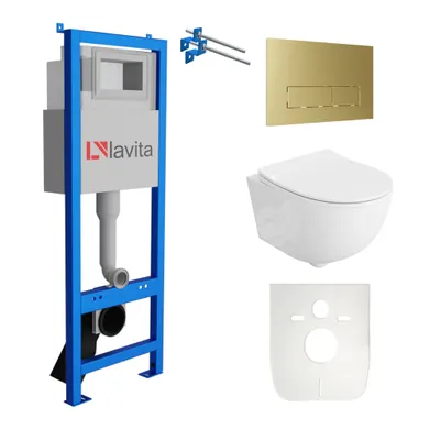 Produktbild von Lavita LAV 101 Vorwandelement für WC 40cm + Wand Hänge Tiefspül WC BRAVA Weiß Spülrandlos + Bedienplatte LAV 200.3.5 Gold | Komplettset | Unterputz Spülkasten | Toilette Komplett Sett