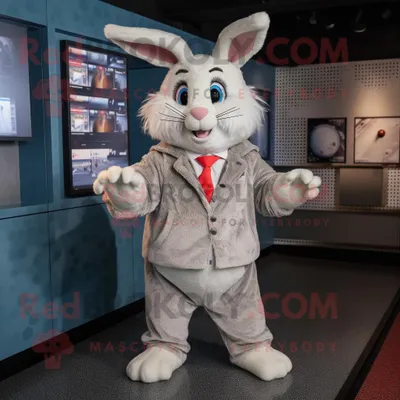 Produktbild von Maskottchen REDBROKOLY Kostümfigur Silberner Hase bekleidet mit Jacke und Schals