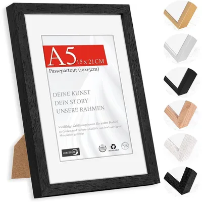 Productafbeelding van Fotolijst DIN A5, 14,8x21 cm, natuurlijke houtkleur, zwart, met passe-partout van 10x15 cm. Geschikt voor wandmontage en als tafelstandaard. Gemaakt van echt hout