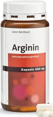A bottle of Arginin capsules on a white background.