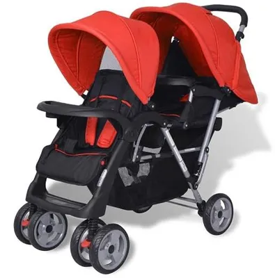 Produktbild von Geschwisterwagen Kinderwagen Geschwisterkinderwagen klappbare Verdecke Oxfordgewebe für 1-2 Kinder Rot und Schwarz