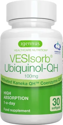 Immagine prodotto di Vesisorb Ubiquinol 100mg, forma attiva del coenzima Q10, antiossidante biodisponibile, formula brevettata Kaneka, 30 softgel, da Igennus