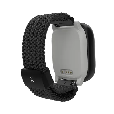 The back of a smartwatch with a black braided strap.