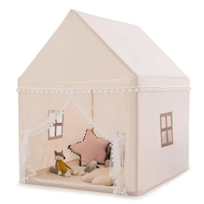 A beige play tent for children, shaped like a house, with stuffed animals inside.