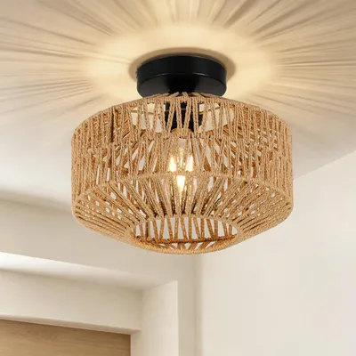 Produktbild von JDONG Deckenleuchte aus Rattan, Ø30CM,Boho Pendelleuchte mit Rattanschirm,Vintage Rustic Stil, geeignet für Wohnzimmer, Schlafzimmer, Küche und Flur