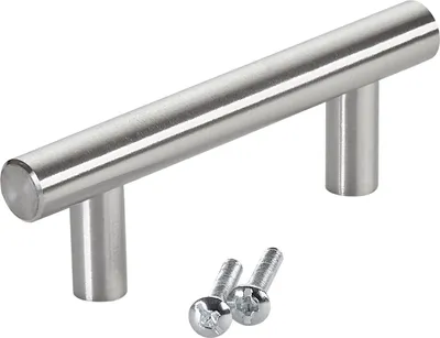 A brushed stainless steel cabinet handle with two screws on a white background.