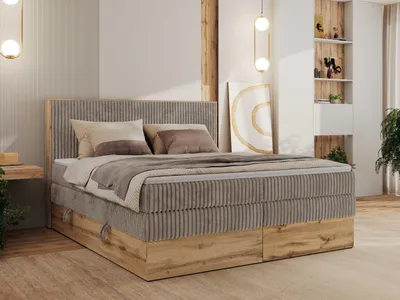 Produktbild von MKS MEBLE Boxspringbett WOOD CLASSIC KING, Doppelbett mit zwei Multipocket-Matratze und Topper T25, hohe Kopfteil, Stauraum - 180 x 200 cm - H3 - Hellbraun Cord